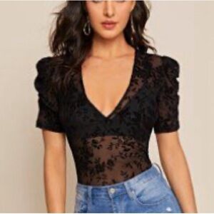 Shein Women’s Plunging Neck Puff Sleeve Flocked Mesh Sheer Top Blouse Size Large